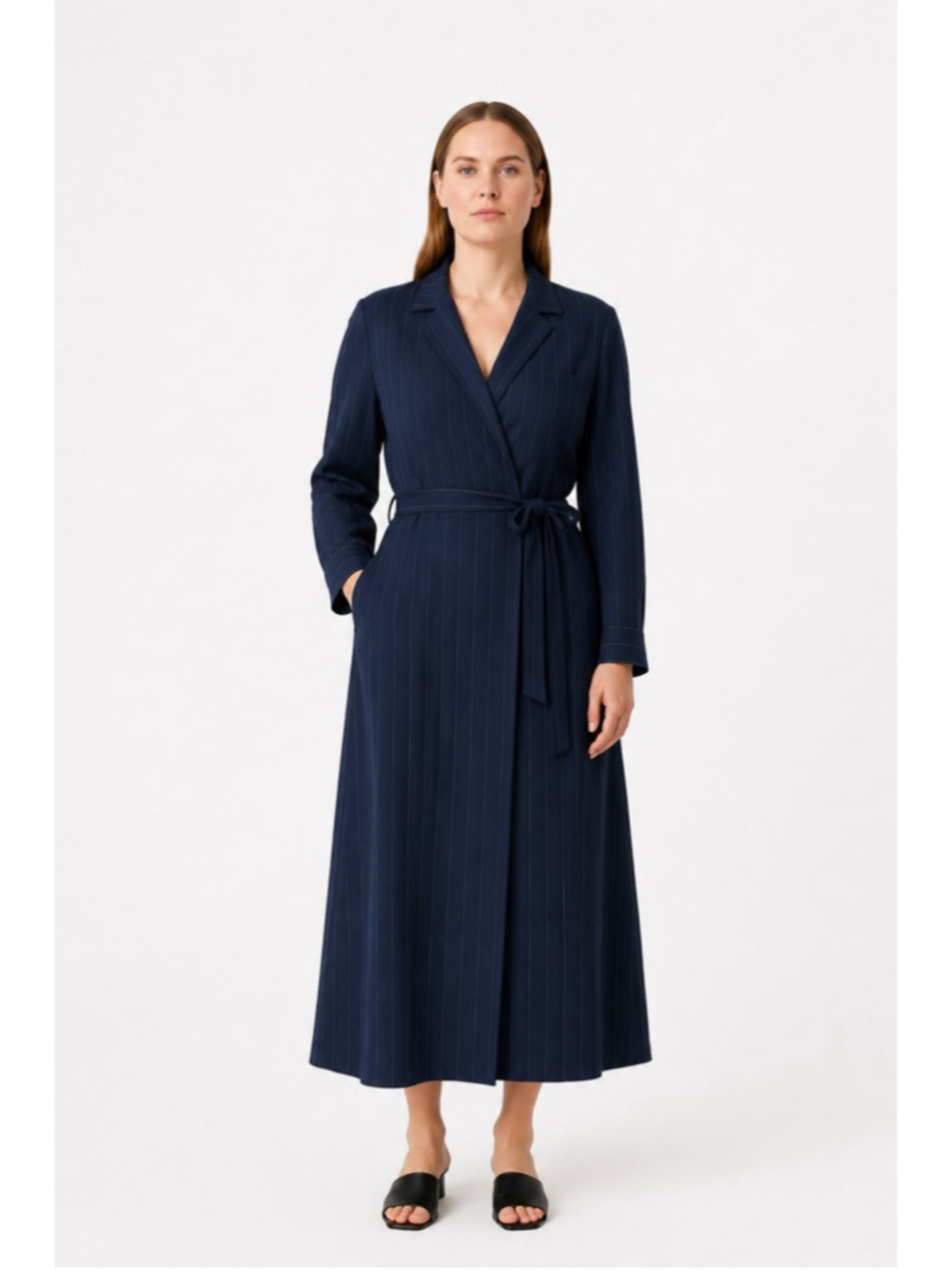 NWT Linen Blend Wrap Maxi Dress Conbipel Navy Pinstripe Italian L/XL